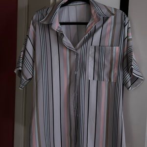 Striped colored blouse with pocket button up pink blue gray.